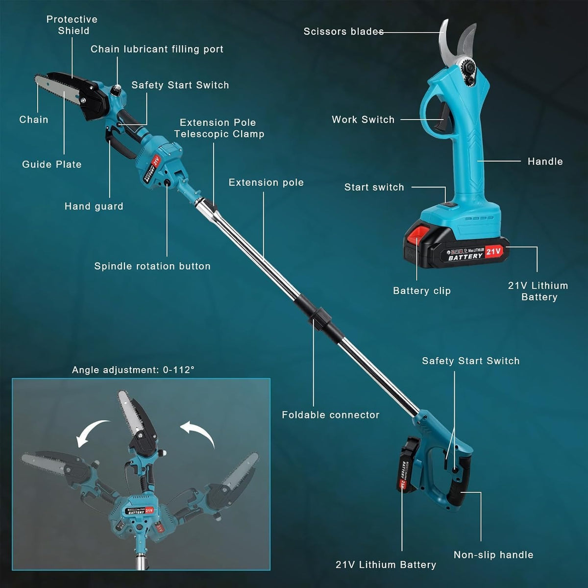 3-IN-1 Cordless Pole Chainsaw & Electric Scissors, Electric Chainsaw with 2x 21V 1500mAh Battery & Charger, Battery Powered Chain Saw with Extension Pole, Long Reach Tree Trimmer for Garden Yard