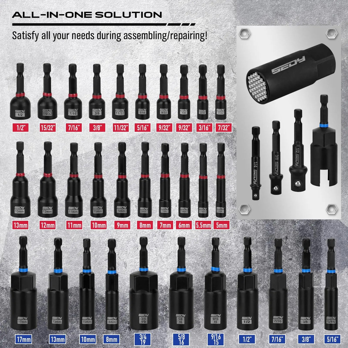 Magnetic Impact Nut Driver Set, 80pc or 41pc, Metric & SAE with Socket Adapters, Bit Holder, Wing Nut Driver, Universal Sockets, Quick Release Extension, Power Bits toolbox Multifunctional Screwdriver Switchable Screwdriver Shape