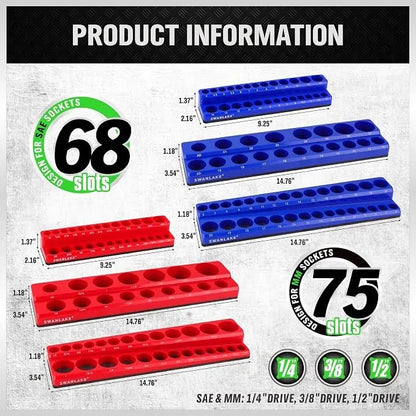 6-piece Magnetic Socket Organizer Set, 1/4", 3/8", 1/2" SAE & Metric Sockets Holder, Drive Socket Trays, Storage Tool Box, Holding 143 Slots, Soft Rubber Covering Black Green Tools