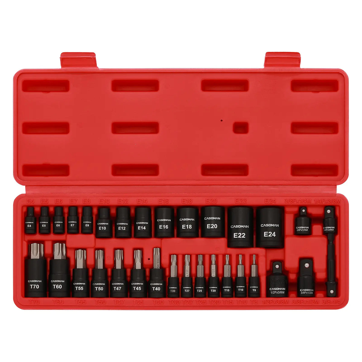 32-Piece Torx & E-Torx Socket Wrench Set – S2 Alloy Mechanic Tool Kit, T8-T70 & E4-E24, 1/4–1/2 Drive Impact Adapters