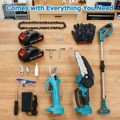 3-IN-1 Cordless Pole Chainsaw & Electric Scissors, Electric Chainsaw with 2x 21V 1500mAh Battery & Charger, Battery Powered Chain Saw with Extension Pole, Long Reach Tree Trimmer for Garden Yard