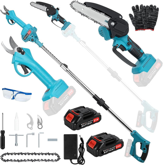 3-IN-1 Cordless Pole Chainsaw & Electric Scissors, Electric Chainsaw with 2x 21V 1500mAh Battery & Charger, Battery Powered Chain Saw with Extension Pole, Long Reach Tree Trimmer for Garden Yard