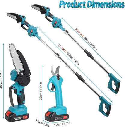 3-IN-1 Cordless Pole Chainsaw & Electric Scissors, Electric Chainsaw with 2x 21V 1500mAh Battery & Charger, Battery Powered Chain Saw with Extension Pole, Long Reach Tree Trimmer for Garden Yard