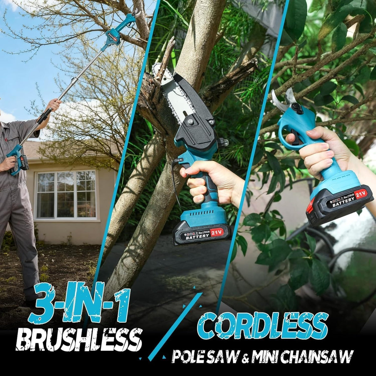 3-IN-1 Cordless Pole Chainsaw & Electric Scissors, Electric Chainsaw with 2x 21V 1500mAh Battery & Charger, Battery Powered Chain Saw with Extension Pole, Long Reach Tree Trimmer for Garden Yard