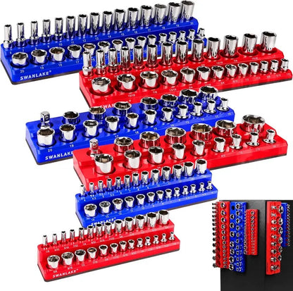 6-piece Magnetic Socket Organizer Set, 1/4", 3/8", 1/2" SAE & Metric Sockets Holder, Drive Socket Trays, Storage Tool Box, Holding 143 Slots, Soft Rubber Covering Black Green Tools