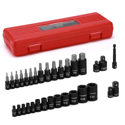 32-Piece Torx & E-Torx Socket Wrench Set – S2 Alloy Mechanic Tool Kit, T8-T70 & E4-E24, 1/4–1/2 Drive Impact Adapters