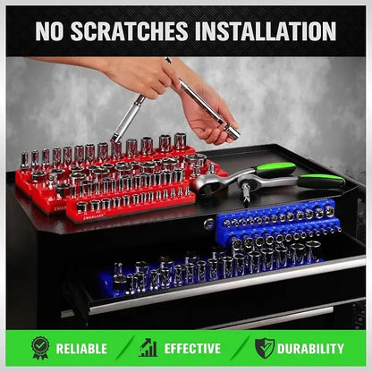 6-piece Magnetic Socket Organizer Set, 1/4", 3/8", 1/2" SAE & Metric Sockets Holder, Drive Socket Trays, Storage Tool Box, Holding 143 Slots, Soft Rubber Covering Black Green Tools