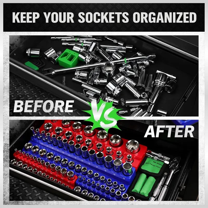 6-piece Magnetic Socket Organizer Set, 1/4", 3/8", 1/2" SAE & Metric Sockets Holder, Drive Socket Trays, Storage Tool Box, Holding 143 Slots, Soft Rubber Covering Black Green Tools