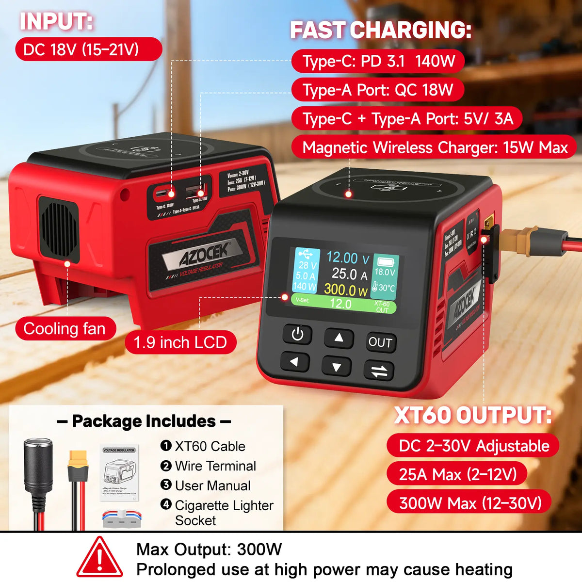 300W Adjustable DC Voltage Regulator – 2–30V Variable Output, USB-C PD3.1, USB-A Fast Charging & Wireless Charging