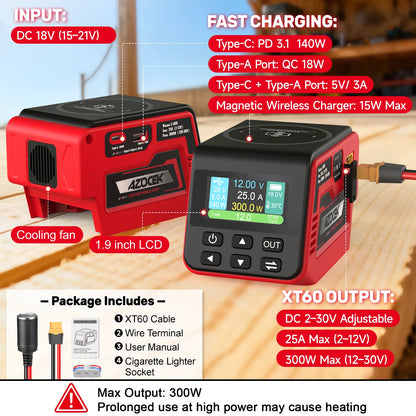 300W Adjustable DC Voltage Regulator – 2–30V Variable Output, USB-C PD3.1, USB-A Fast Charging & Wireless Charging
